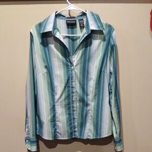 New York & Company Striped Green Blue Button Down Shirt